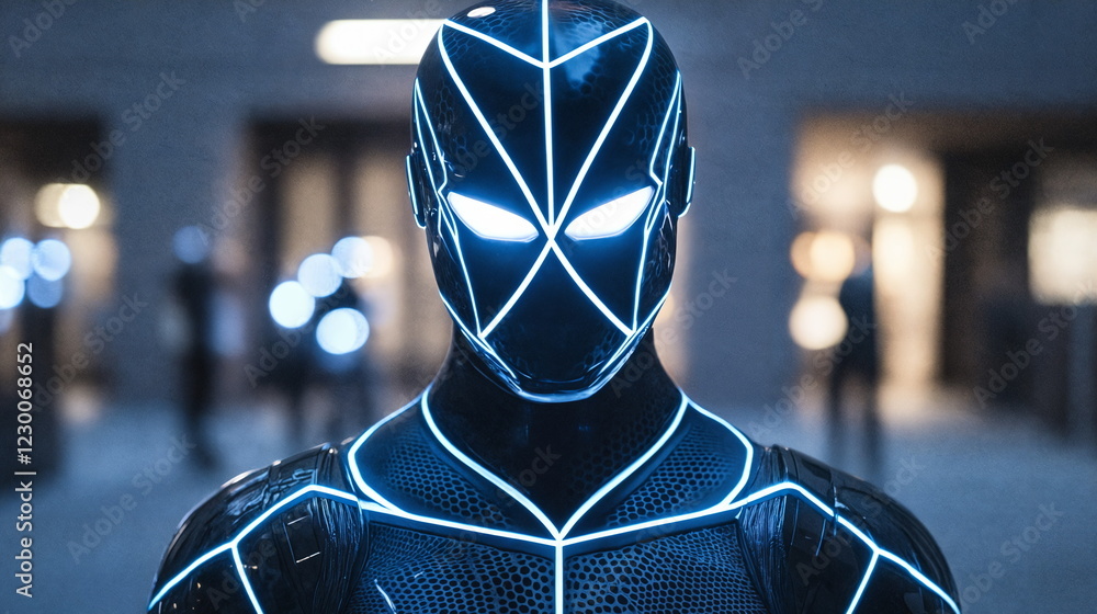 Aufkleber futuristic superhero figure illuminated with neon blue lines standing in an urban environment with b