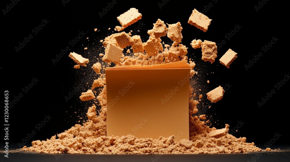 Poster shattering expectations: a dramatic close-up shot of a block of material exploding into fragments ag