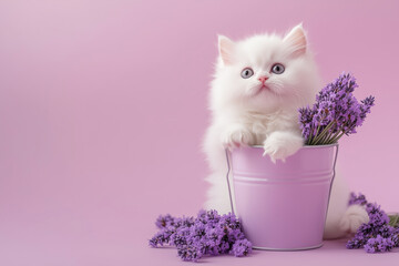 Fluffy white Persian kitten sitting in a lilac bucket with fresh lavender sprigs