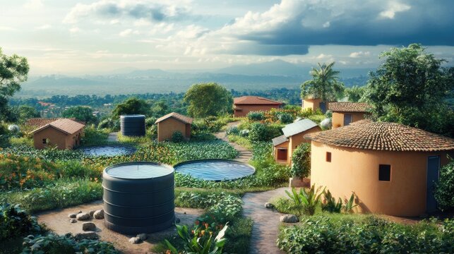 A serene depiction of rainwater harvesting in a rural village, detailed rooftop collection systems, and storage tanks