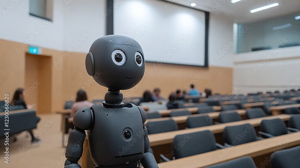 Aufkleber friendly robot standing in empty classroom with seats and projector screen, designed for educational