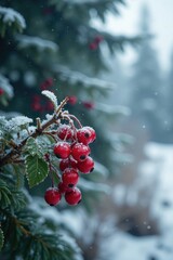 Frosted viburnum berries amidst coniferous spruce forest, snowflakes, winter scenery