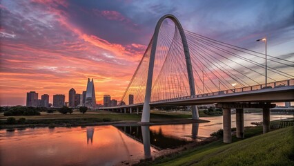 Obraz premium Dallas Texas Modern Bridge Architecture, Scenic Cityscape Skyline at Sunset
