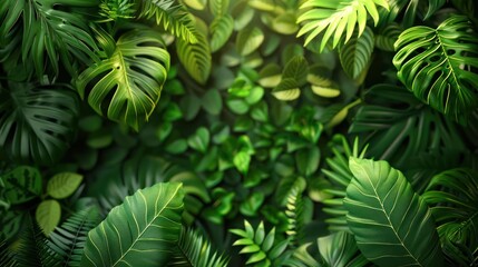 Fototapeta premium Lush green foliage with various tropical leaves creating a vibrant natural backdrop