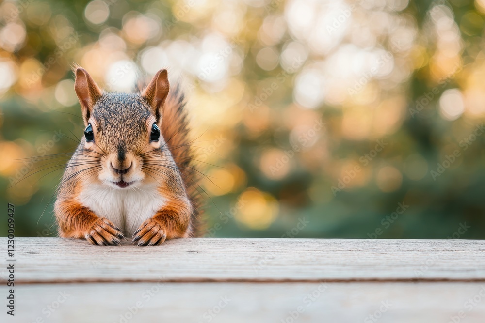 Aufkleber curious squirrel resting on wooden table with forest background
