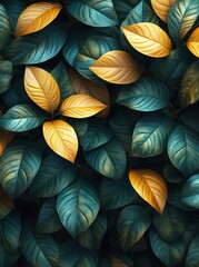 Golden and teal leaves background texture