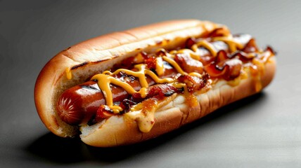 Hotdog with bacon, cheese, ketchup and mustard. Isolated on dark surface. Room for copy space. Fast food, junk food, street food concept.