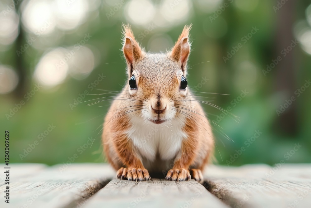 Poster curious squirrel posing on wooden table in forest