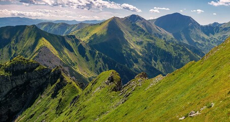 Obraz premium Wild untouched mountain range, deep green valleys. View on peak (Kresanica or Krzesanica) in the Tatra Mountains. Beautiful landscape in mountain. Summer hiking and healthy lifestyle.
