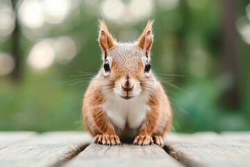 Fototapeta premium Curious squirrel posing on wooden table in forest
