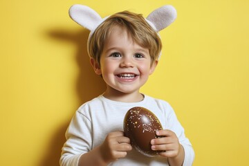 Joyful 4-year-old boy with bunny ears holding chocolate egg on yellow background