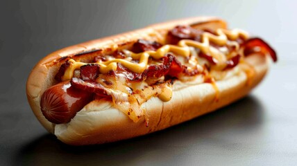 Hotdog with bacon, cheese, ketchup and mustard. Isolated on dark surface. Room for copy space. Fast food, junk food, street food concept.