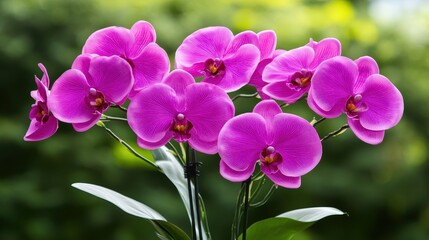 A vibrant cluster of purple orchids blooms gracefully, showcasing intricate details against a soft green background.
