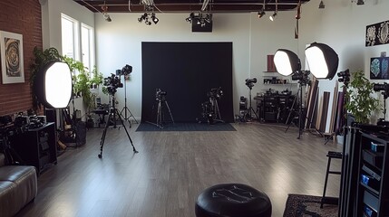 A photography studio with cameras, backdrops, and softboxes set up for a shoot. picture