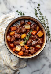 meat goulash with potatoes and carrots, sweet peppers, in a saucepan, top view, traditional Hungarian soup, homemade, no people,