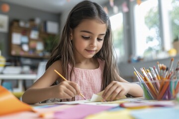 Young girl engaged in creative craft activity at home