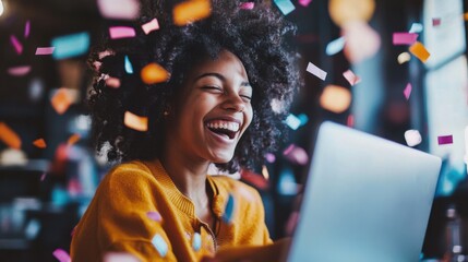 A student celebrating after receiving a college acceptance email on their laptop, with confetti in the background and a joyful expression