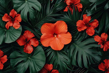 Vibrant tropical flowers and lush green leaves create a stunning natural backdrop.