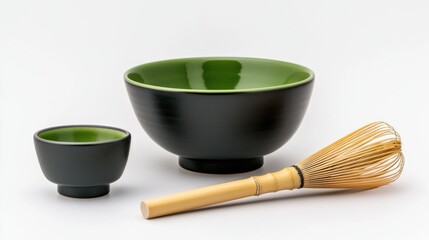 Elegant Japanese Tea Ceremony Set Featuring Matching Bowls and Bamboo Whisk on Minimalist Background for Authentic Cultural Experience and Gourmet Display