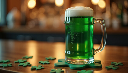  Green Beer in a Mug With Shamrock Decor for Saint Patrick's Day