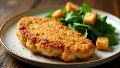 Juicy fried chicken chop with wilted mixed greens and croutons, served on a ceramic plate, fried, juicy
