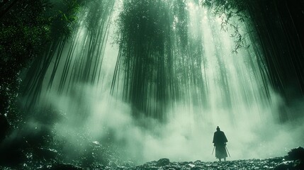 Obraz premium Samurai Stands Alone in Misty Bamboo Forest