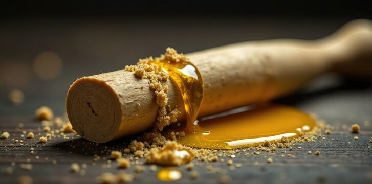 Joint with wax oil and kief on a wooden table, oil, joint