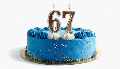 Decorated blue cake for birthday or anniversary party, candle number 67, white background
