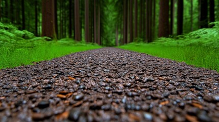 Forest Path: A close-up perspective of a gravel path winding through a lush green forest, the sunlight filtering through the dense canopy, creating a sense of mystery and intrigue.