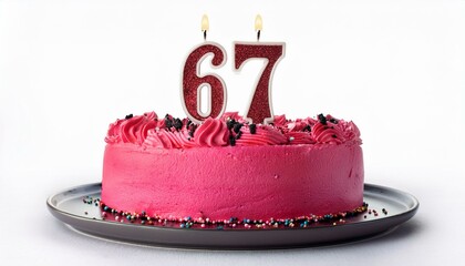 Decorated pink cake for birthday or anniversary party, candle number 67, white background