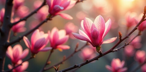 Pink magnolia blooms on bare tree limbs in warm light, flowers, branch, blooming