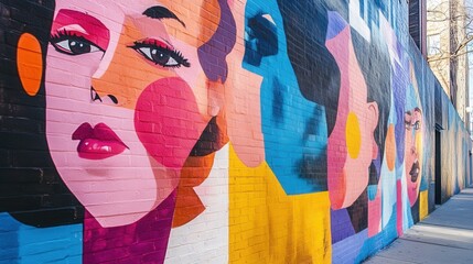 A vibrant feminist-themed mural painted on a city wall, showcasing equality and empowerment, dynamic urban setting