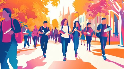 A vibrant vector illustration of college students walking to class, carrying books and backpacks, surrounded by a colorful campus environment