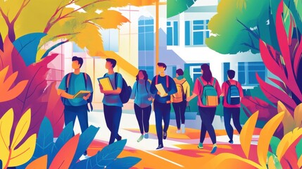 A vibrant vector illustration of college students walking to class, carrying books and backpacks, surrounded by a colorful campus environment