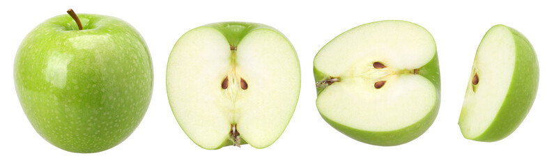 green apple (granny smith apple), half and slice isolated, transparent PNG, collection, PNG format, cut out