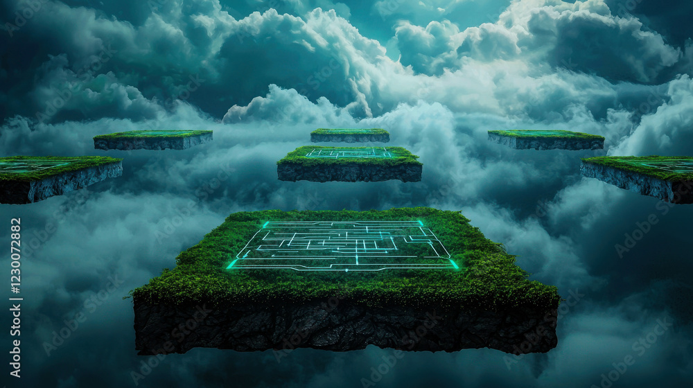 Poster surreal cloudscape featuring floating islands connected by ethereal green pathways