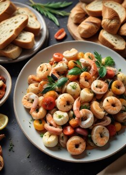 Plate with busara di scampi e frutti di mare and bread, accompaniment, seafood, coastal cuisine