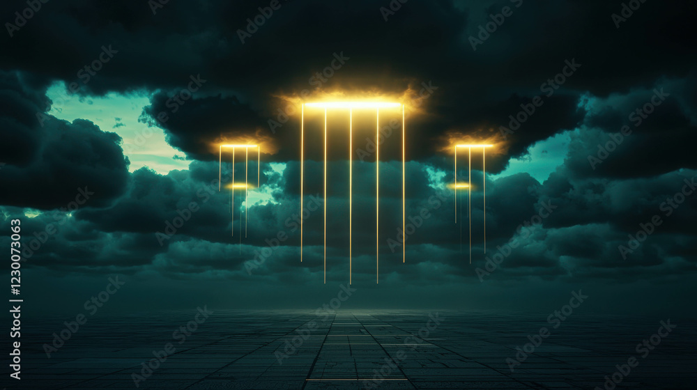 Poster surreal cloudscape with floating islands and ethereal light beams in a dreamlike atmosphere