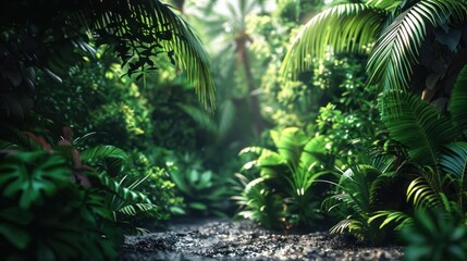 Lush tropical jungle scene with vibrant greenery and a serene stream flowing through, evoking tranquility