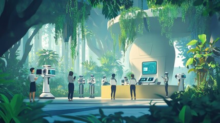 College campus of the future with virtual reality classrooms, robots assisting students, and smart building designs surrounded by greenery