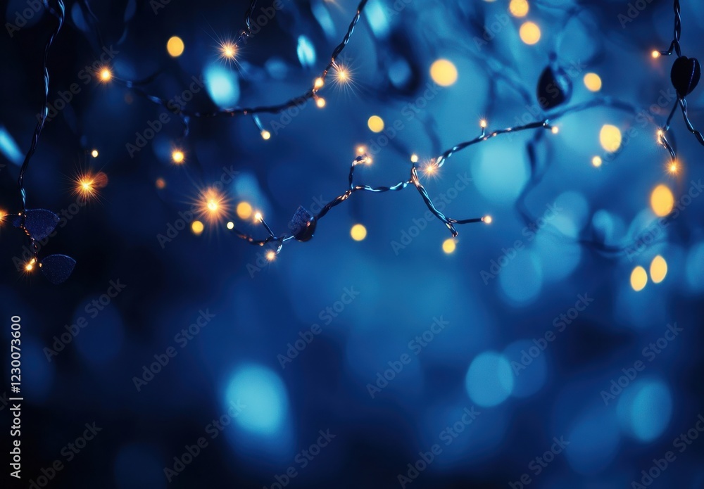 Poster twinkling fairy lights on dark blue background creating a magical atmosphere with soft bokeh effect 
