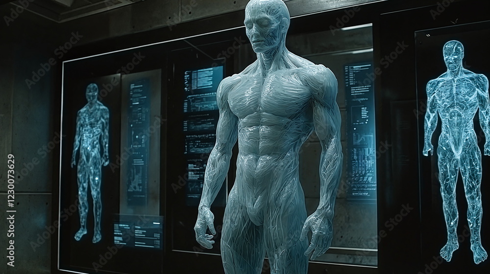 Poster translucent humanoid figure displayed in a futuristic laboratory setting surrounded by holographic a