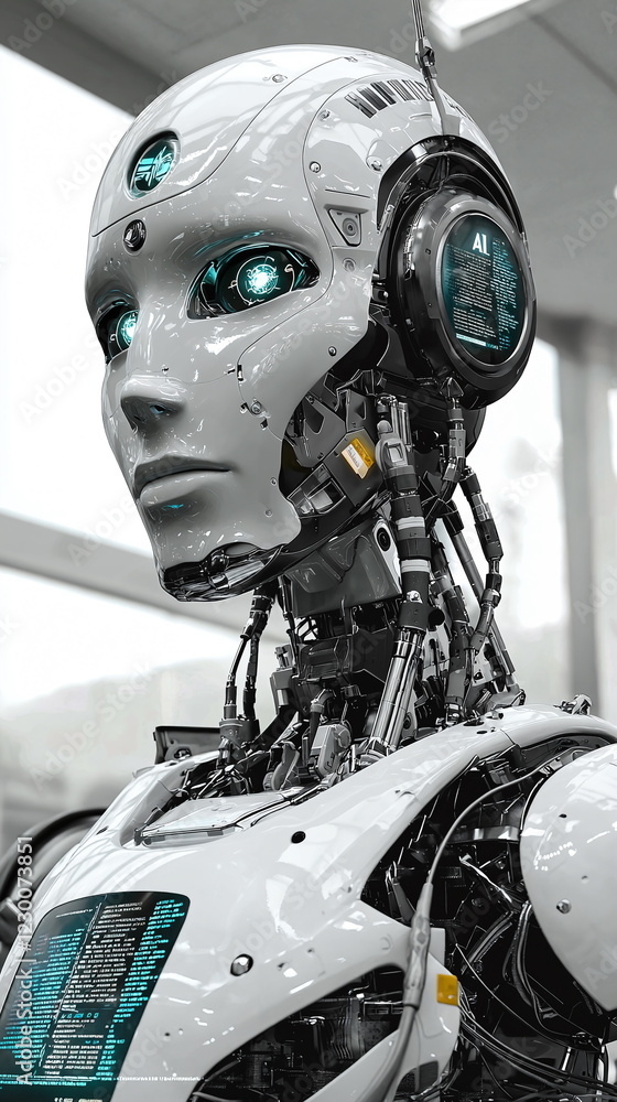 Aufkleber futuristic humanoid robot with intricate mechanical design and glowing blue eyes standing in a moder