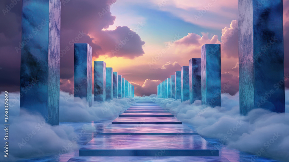 Aufkleber surreal dreamscape with floating geometric structures above ethereal clouds at sunset