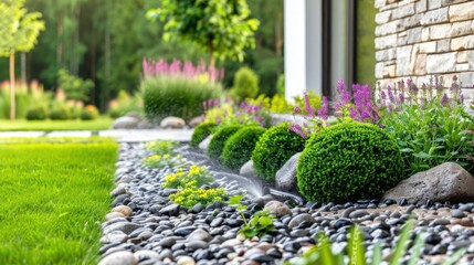 Obraz premium Lush garden landscape featuring neatly trimmed bushes and vibrant flowers beside a stone pathway