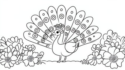 Naklejka premium Unique black and white outline of a peacock surrounded by flowers, ideal for coloring enthusiasts of all ages seeking relaxation and creativity, Outline