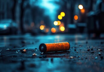 Urban Evening Scene with a Bright Orange Can Lying on the Wet Pavement Illuminated by Soft Bokeh Street Lights and Faded Background Elements
