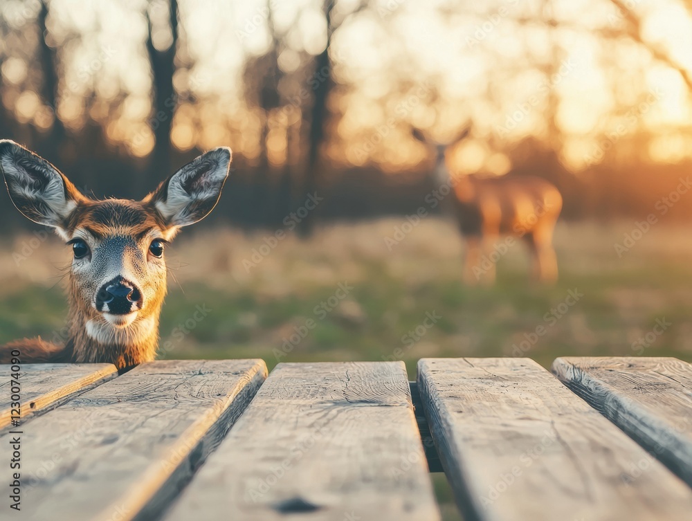 Poster rustic picnic table with curious deer in field