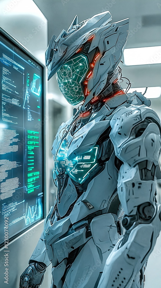 Poster futuristic humanoid robot standing next to a holographic display with glowing data and intricate des