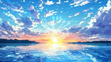 A tranquil 2D background features dancing anime clouds.
